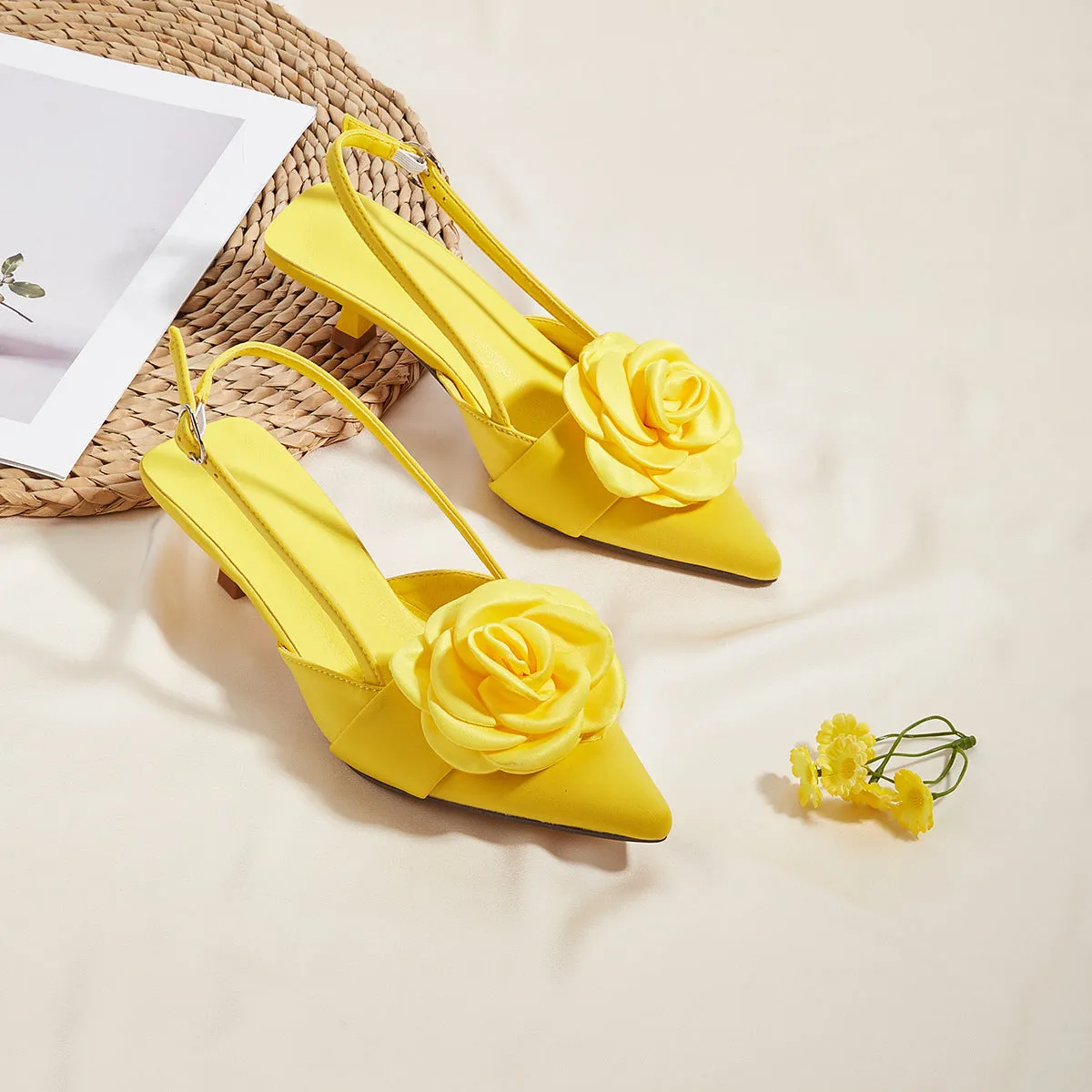 3D Flower Pointed Buckle Kitten Heels