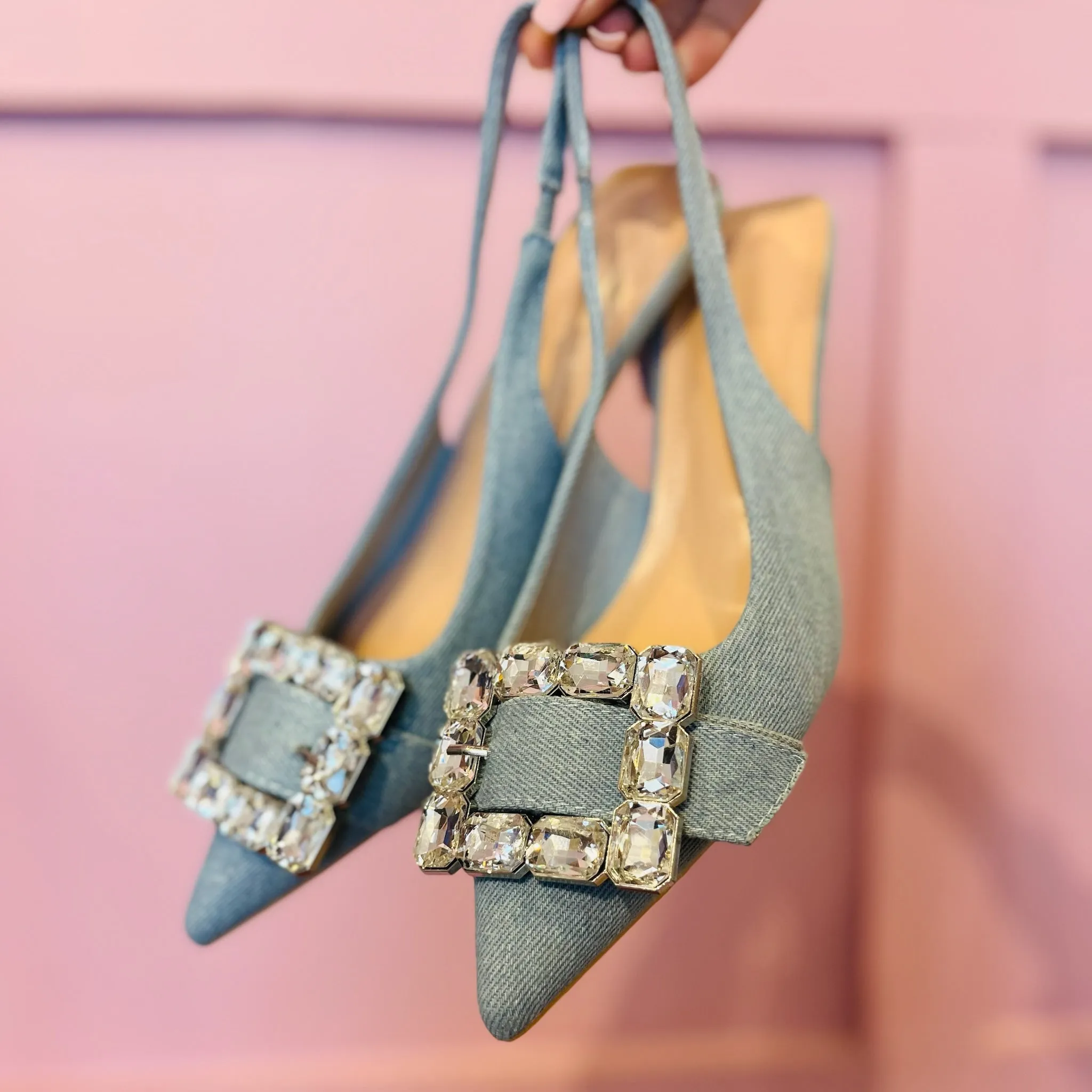 Adeline Rhinestone Buckle Slingback Kitten Denim Heel