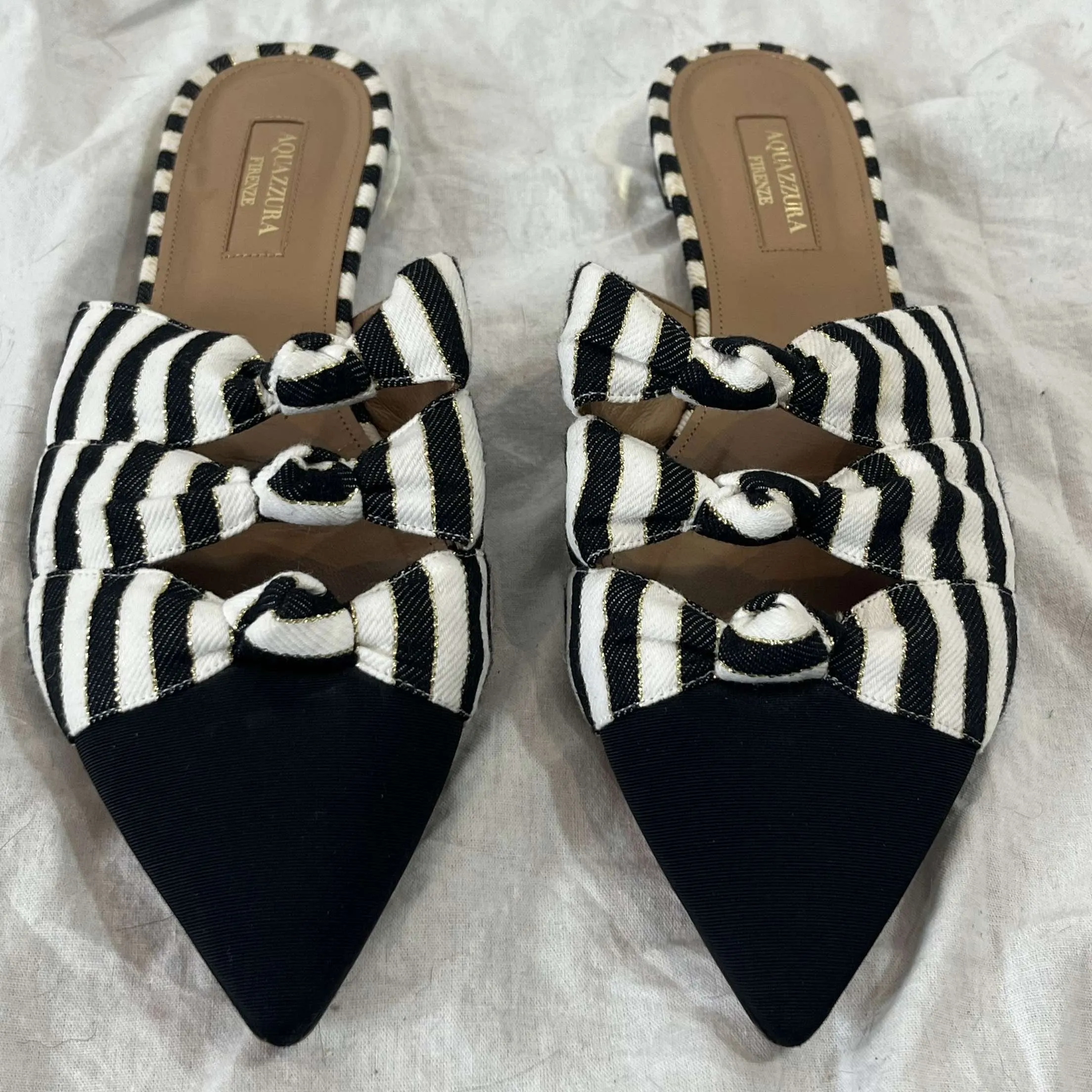 Aquazzura Black & White Stripe Cotton Mules 38