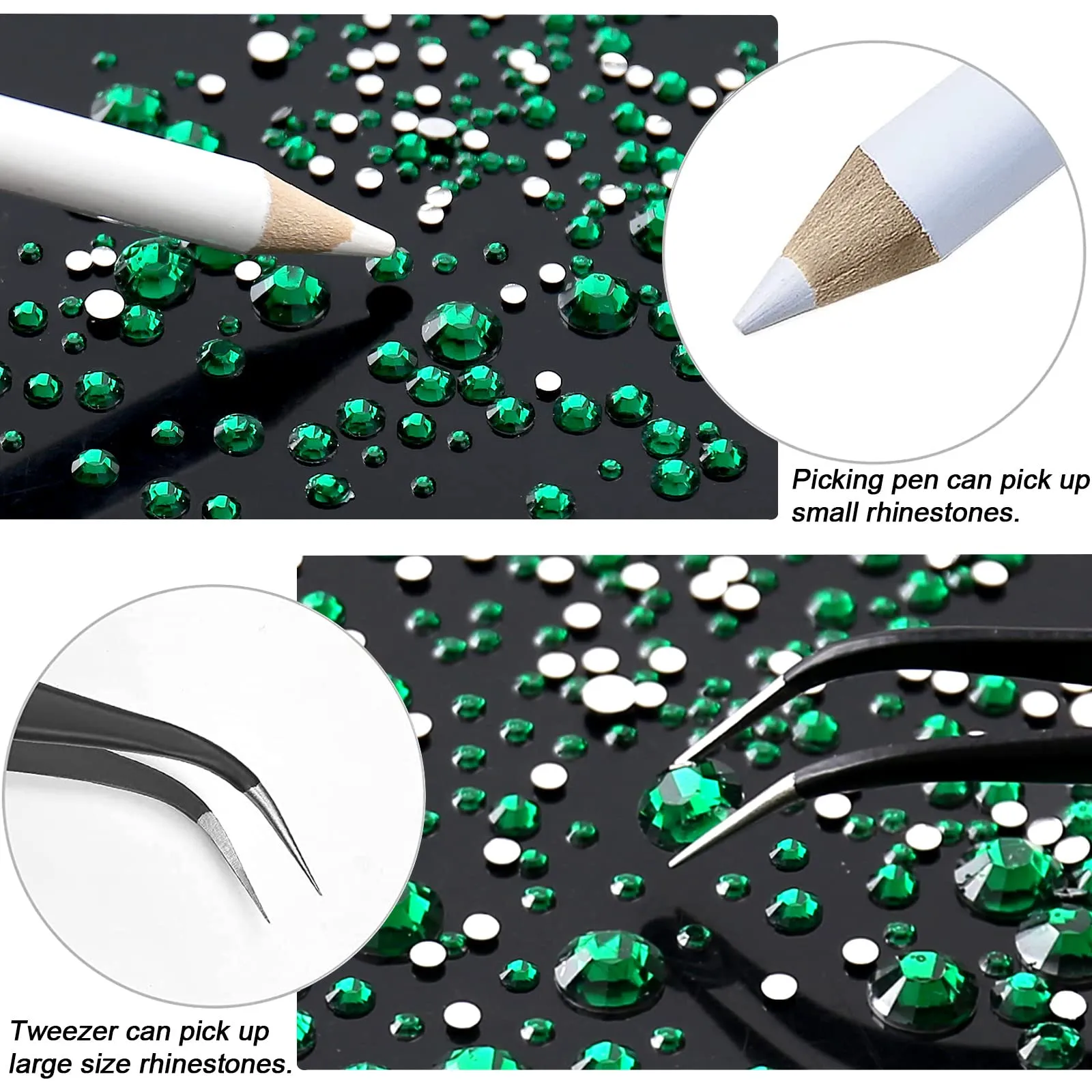 AUREHEN 10000PCs 2-6MM Emerald Resin Flat Back Rhinestones with Silver Bottom, Round Non Hotfix Resin Rhinestones Nail Gems Stones with Tweezer & Picker Pen for Tumblers Nail Art & DIY Decoration