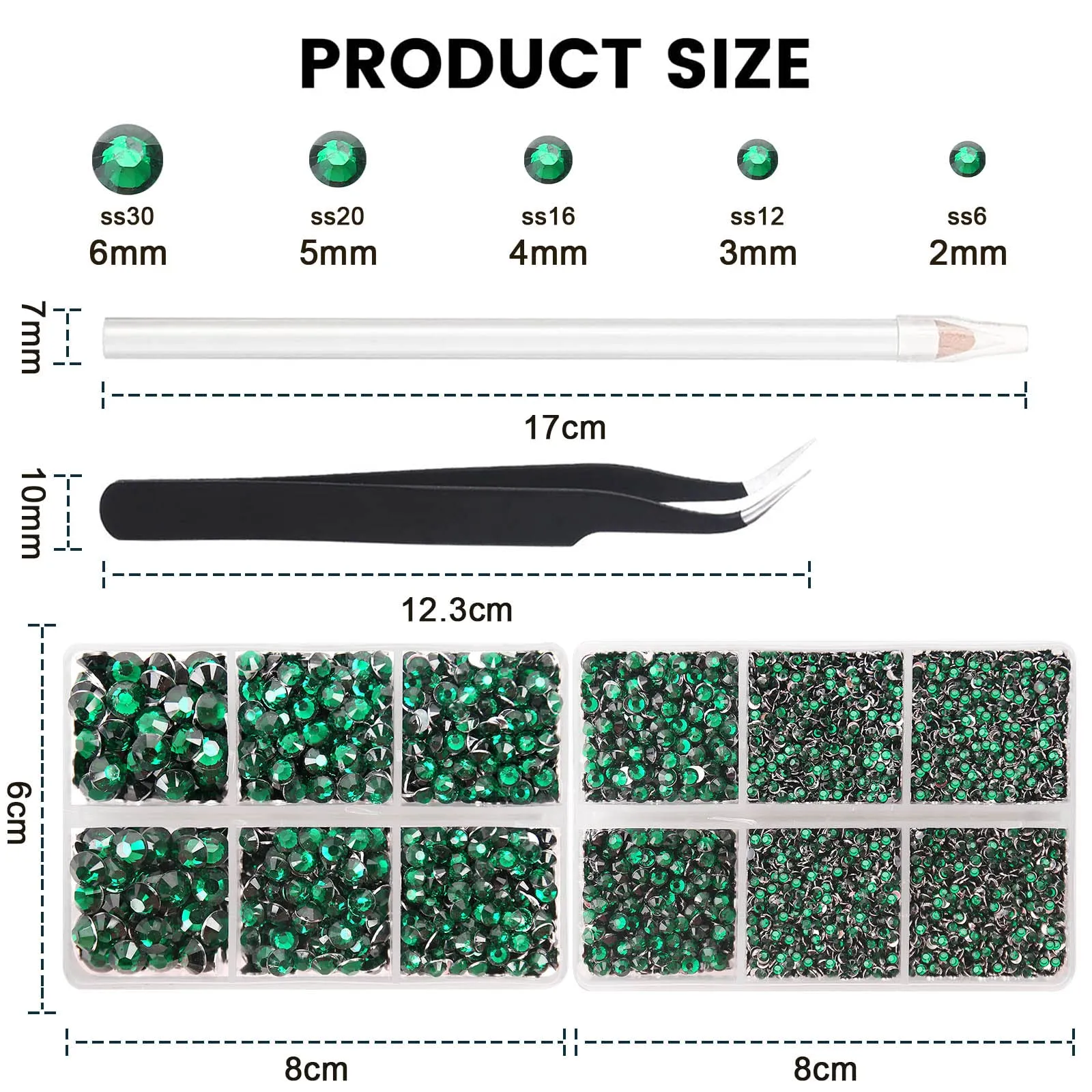AUREHEN 10000PCs 2-6MM Emerald Resin Flat Back Rhinestones with Silver Bottom, Round Non Hotfix Resin Rhinestones Nail Gems Stones with Tweezer & Picker Pen for Tumblers Nail Art & DIY Decoration
