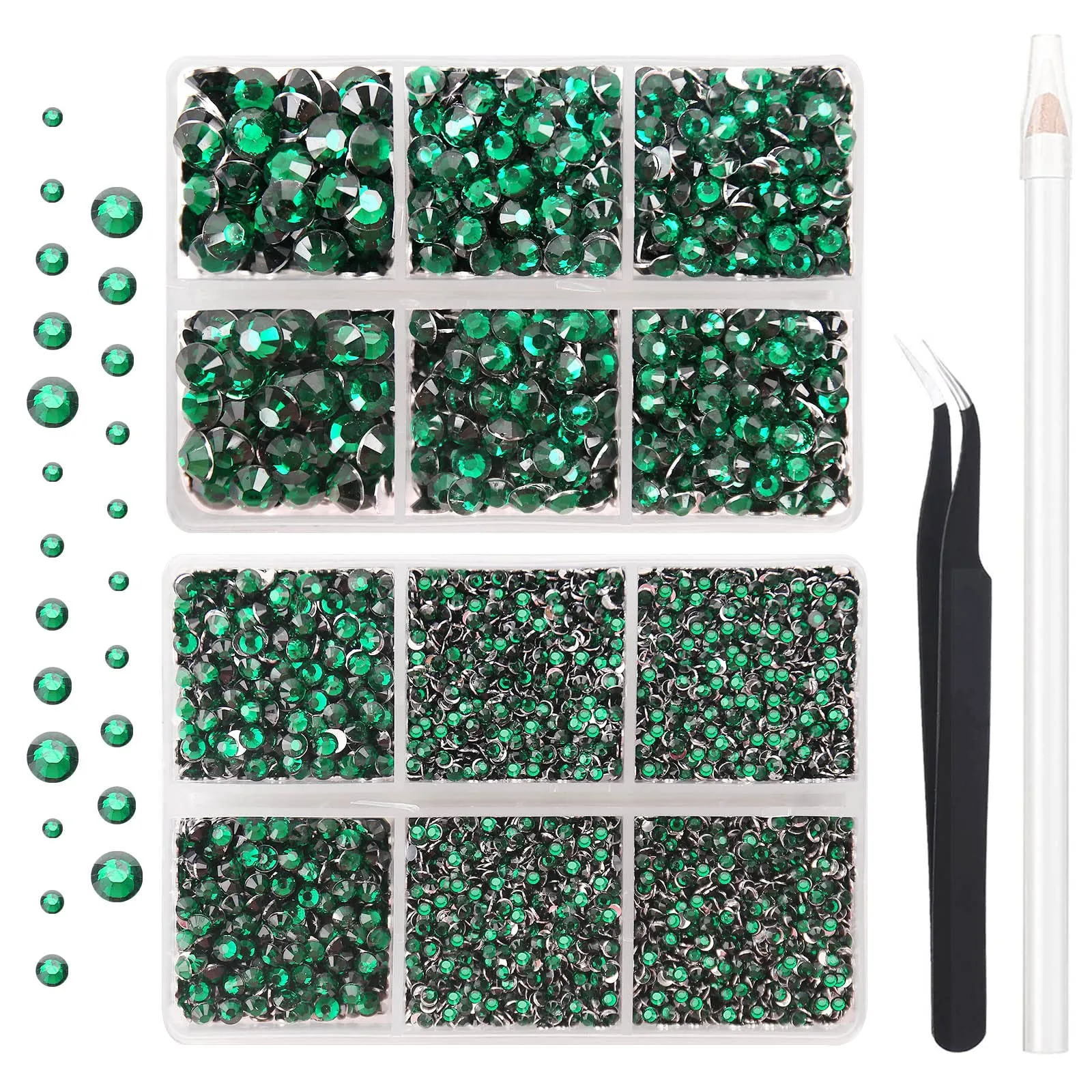 AUREHEN 10000PCs 2-6MM Emerald Resin Flat Back Rhinestones with Silver Bottom, Round Non Hotfix Resin Rhinestones Nail Gems Stones with Tweezer & Picker Pen for Tumblers Nail Art & DIY Decoration