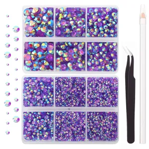 AUREHEN 10000PCs 2-6MM Transparent Deep Purple AB Resin Flat Back Rhinestones, Round Non Hotfix Resin Rhinestones Nail Gems Stones with Tweezer & Picker Pen for Tumblers Nail Art & DIY Decoration