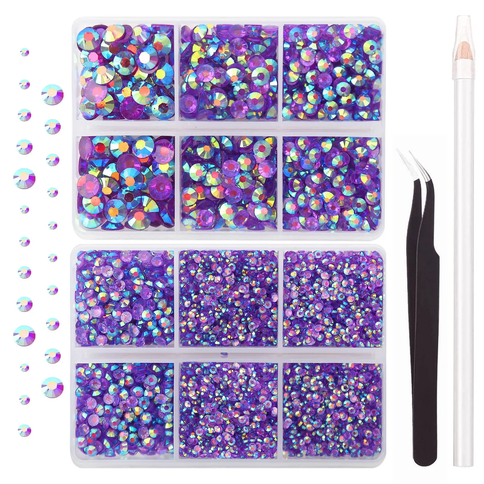 AUREHEN 10000PCs 2-6MM Transparent Deep Purple AB Resin Flat Back Rhinestones, Round Non Hotfix Resin Rhinestones Nail Gems Stones with Tweezer & Picker Pen for Tumblers Nail Art & DIY Decoration