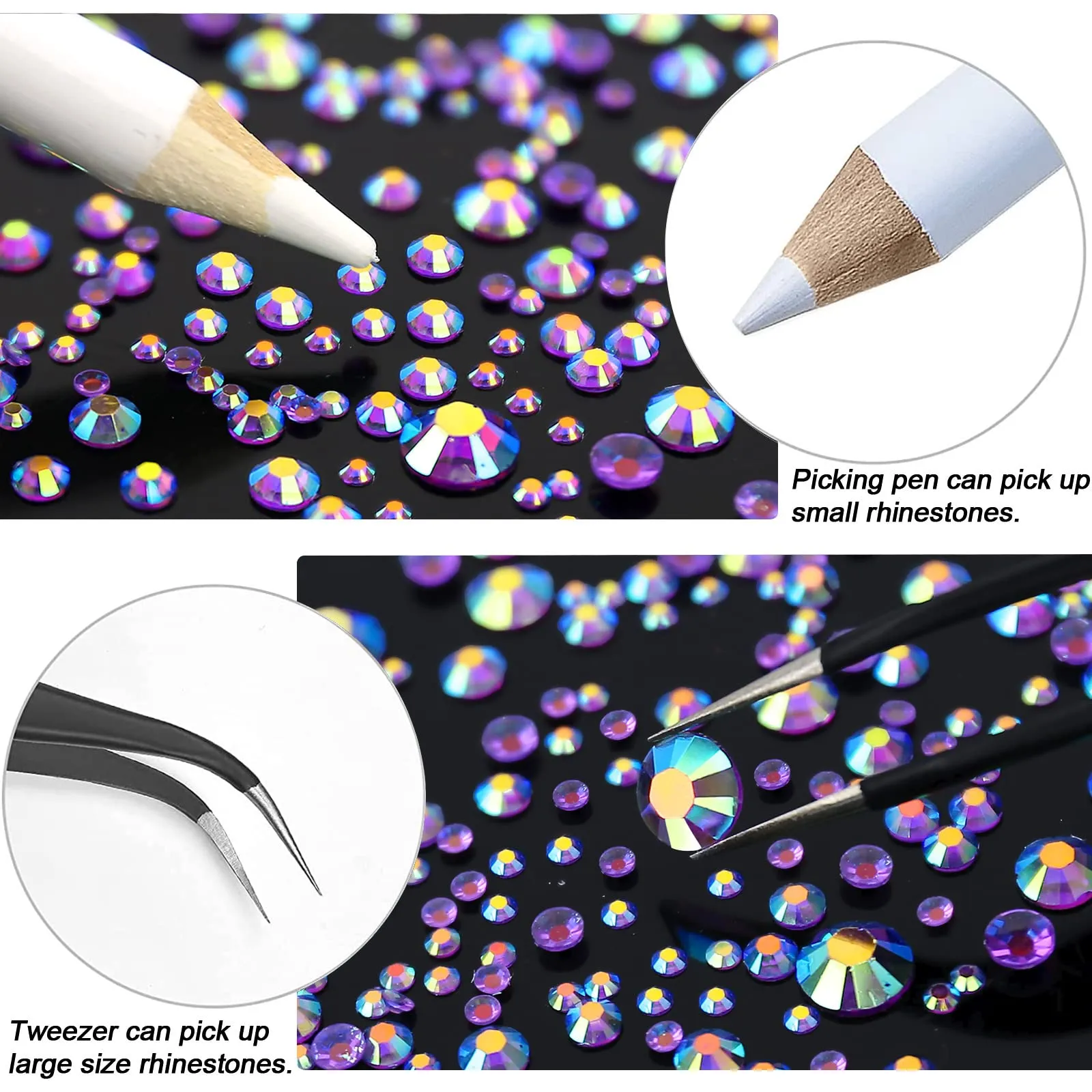 AUREHEN 10000PCs 2-6MM Transparent Deep Purple AB Resin Flat Back Rhinestones, Round Non Hotfix Resin Rhinestones Nail Gems Stones with Tweezer & Picker Pen for Tumblers Nail Art & DIY Decoration