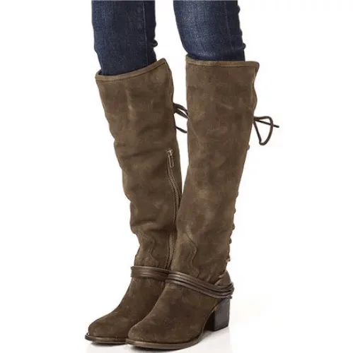 Back Lace Up High Chunky Heel Knee High Boots