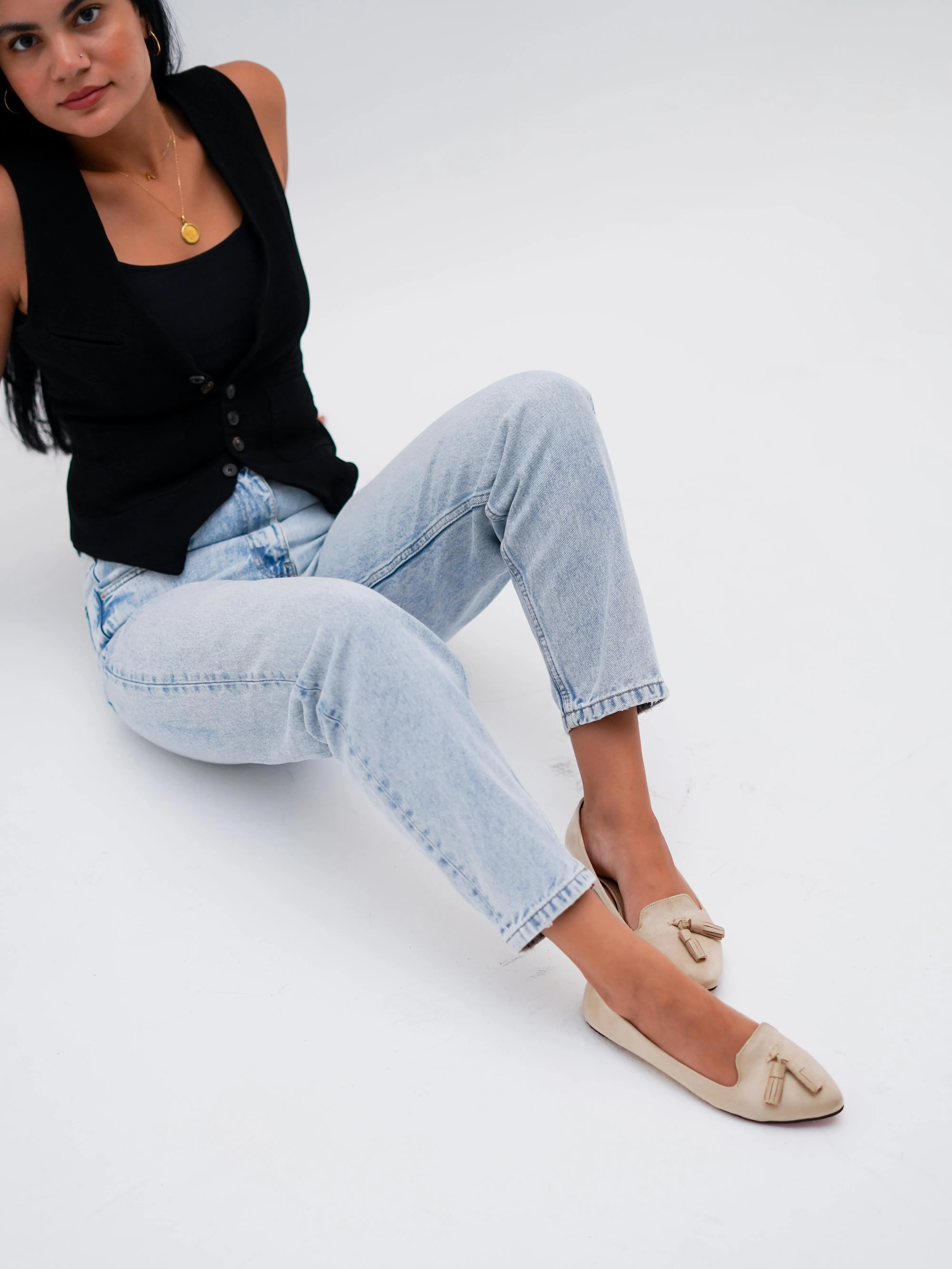 Beige Classic Pointed Tasseled Flats