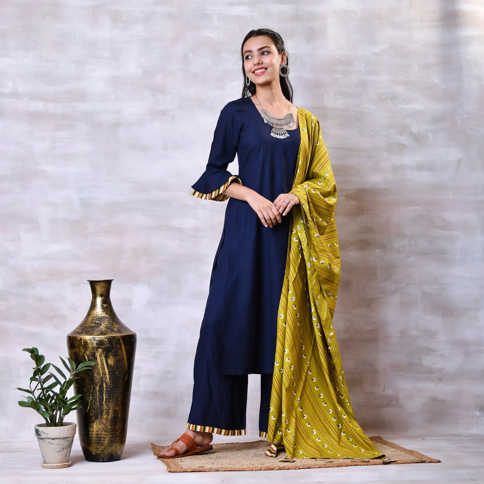 Blue & Striped Kurta Dupatta Set with Bell Sleeves