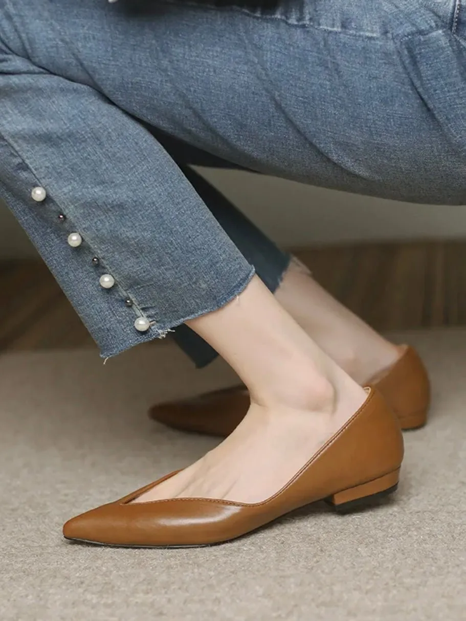 Brown caramel slip on pointed flats shoes