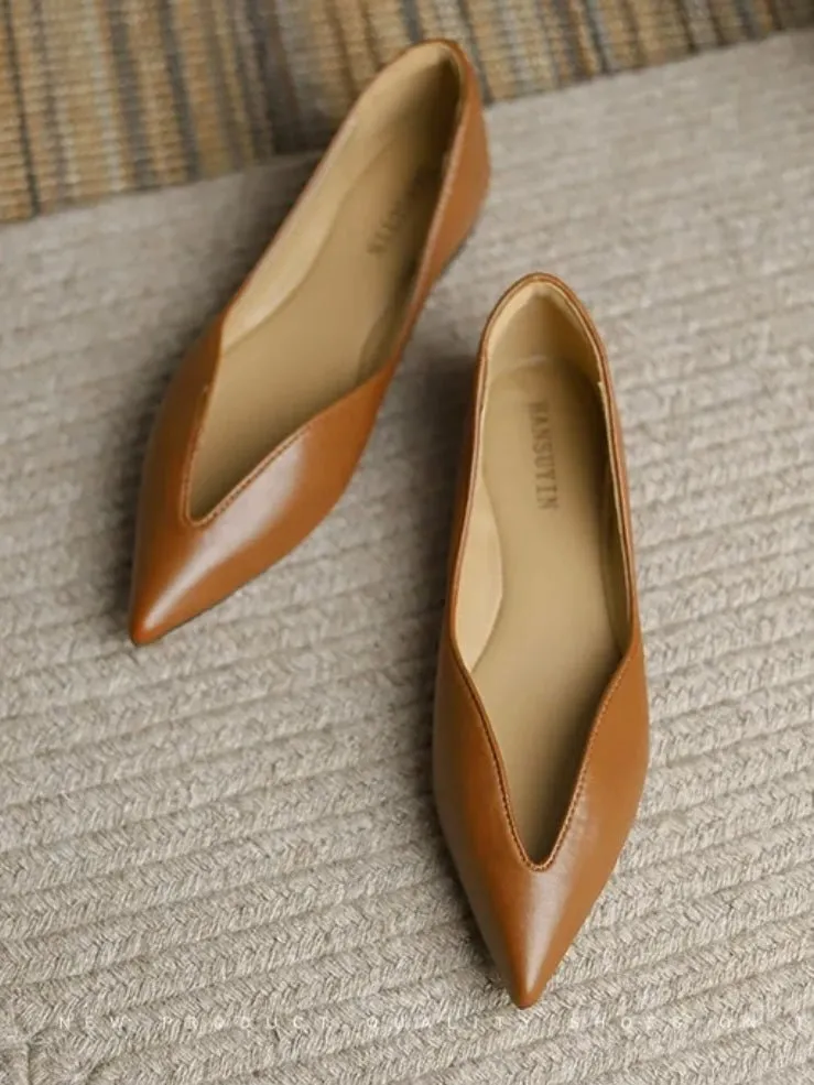 Brown caramel slip on pointed flats shoes