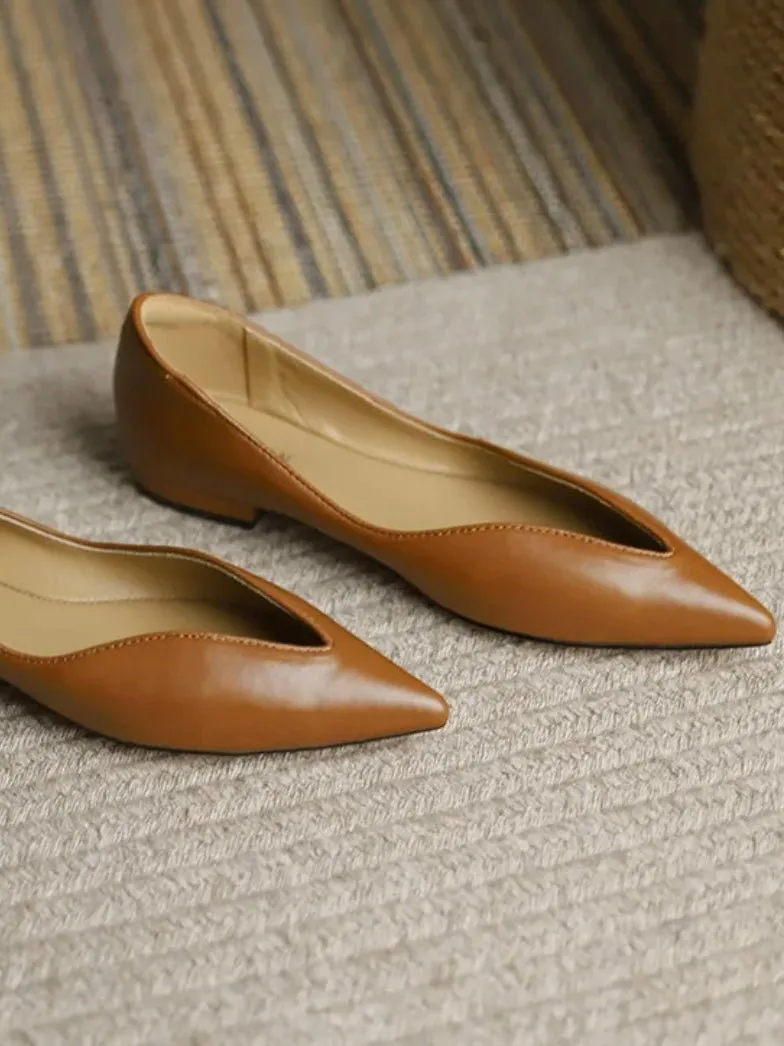 Brown caramel slip on pointed flats shoes
