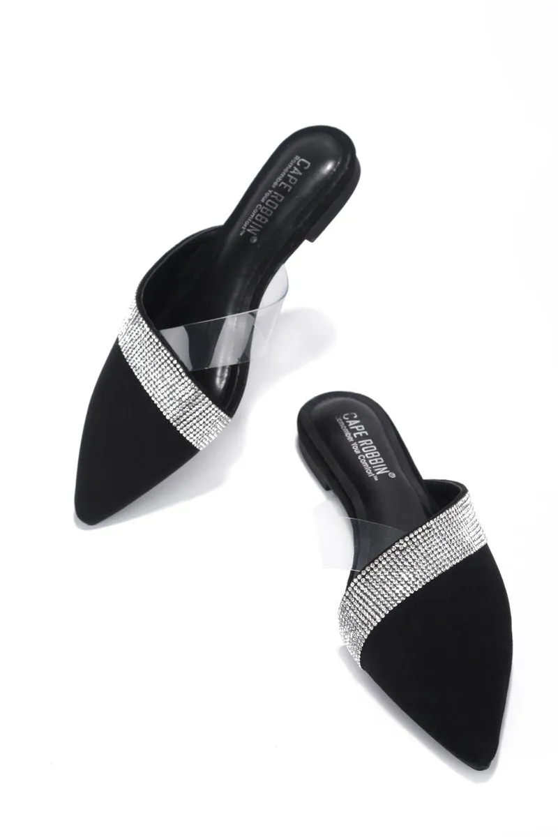 Cape Robbin Cici Black Rhinestone Clear Flat Mules Slip On Pointed Slides