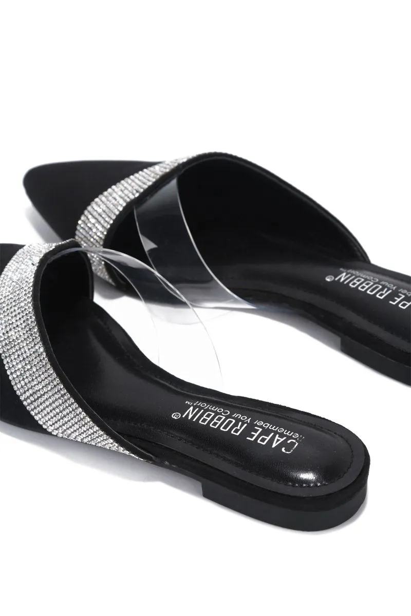 Cape Robbin Cici Black Rhinestone Clear Flat Mules Slip On Pointed Slides