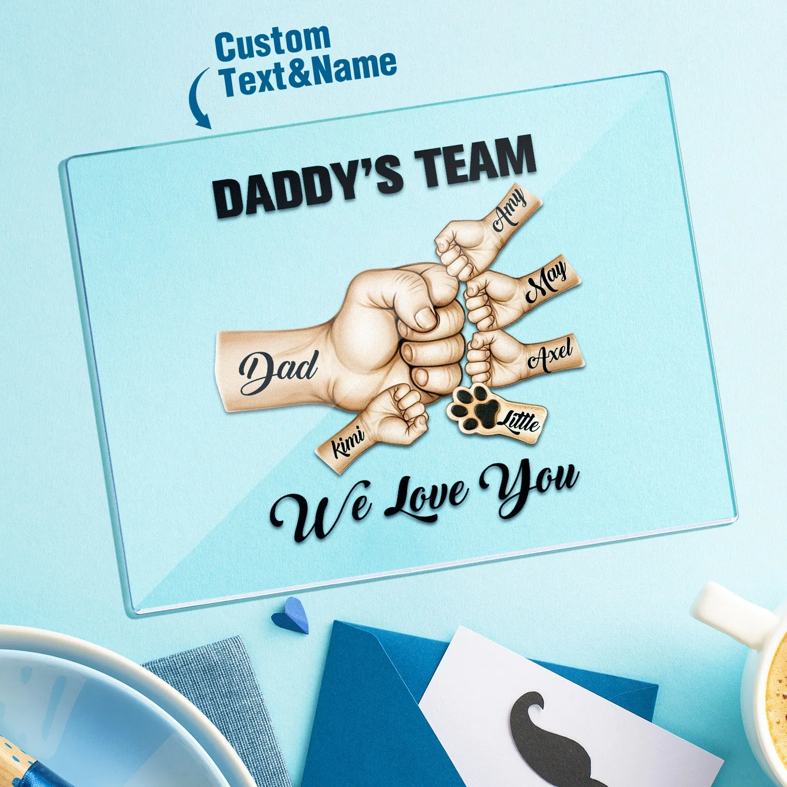 Daddy's Team Fist Bump Personalized Acrylic Plaque, Custom Plaque With Names, Fathers day Gift For Dad Grandpa From Kids Son & Daughter