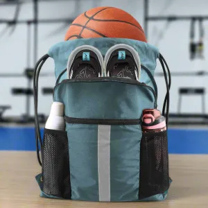 Danoz Fashion - Blue Multi-Pocket Drawstring Backpack Gym Bag with Zipper Compartments, Bottle Holders & Reflective Strip