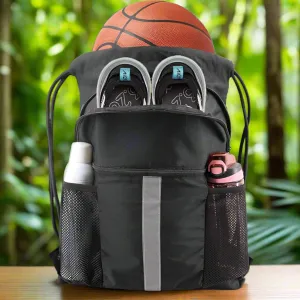 Danoz Outdoors - Black Multi-Pocket Drawstring Backpack Gym Bag with Zipper Compartments, Bottle Holders & Reflective Strip