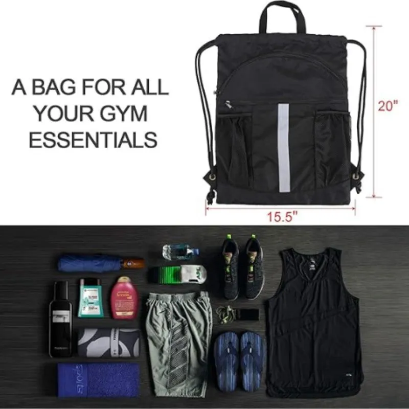 Danoz Outdoors - Black Multi-Pocket Drawstring Backpack Gym Bag with Zipper Compartments, Bottle Holders & Reflective Strip