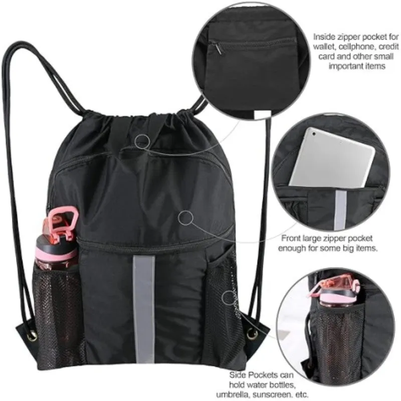 Danoz Outdoors - Black Multi-Pocket Drawstring Backpack Gym Bag with Zipper Compartments, Bottle Holders & Reflective Strip
