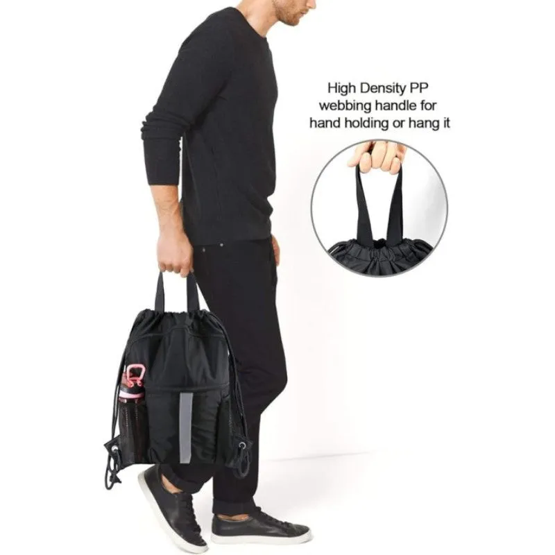 Danoz Outdoors - Black Multi-Pocket Drawstring Backpack Gym Bag with Zipper Compartments, Bottle Holders & Reflective Strip