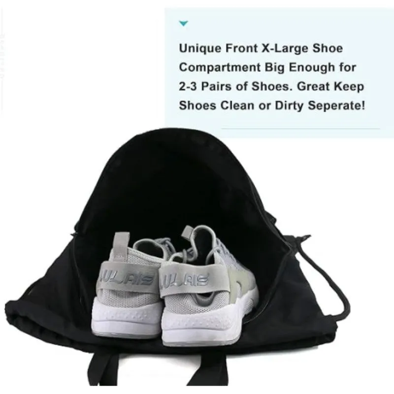 Danoz Outdoors - Black Multi-Pocket Drawstring Backpack Gym Bag with Zipper Compartments, Bottle Holders & Reflective Strip
