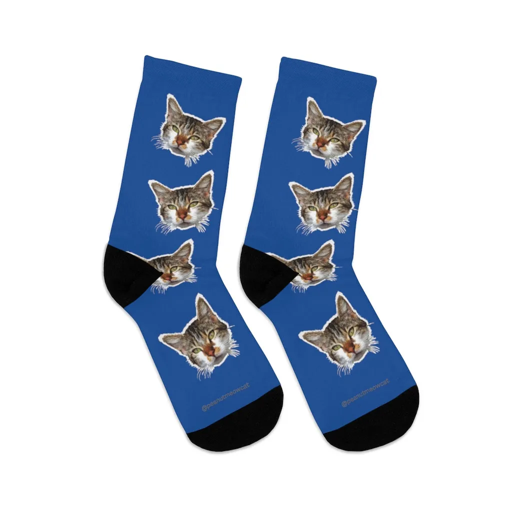 Dark Blue Cat Print Socks, Cute Calico Cat One-Size Knit Premium Socks- Made in USA