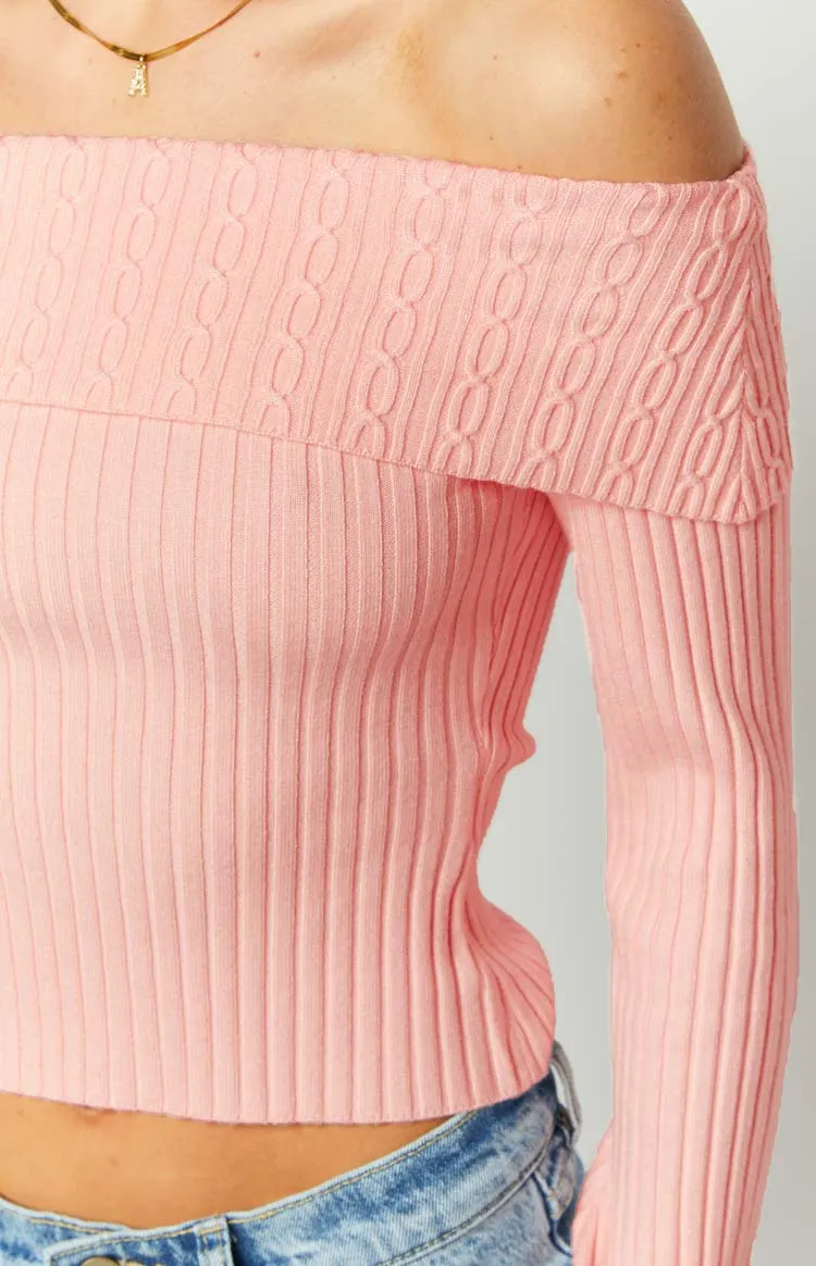 Della Pink Off The Shoulder Long Sleeve Knit Top