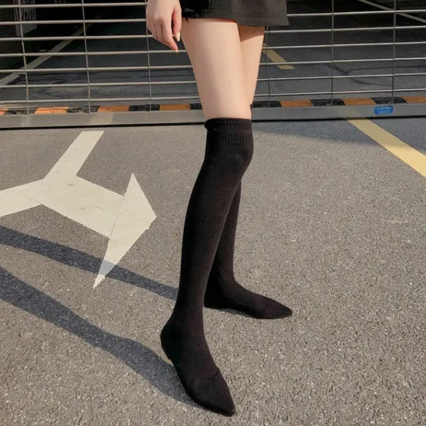 Elastic Over Knee Flat Bottomed Pointed Knitted Boots