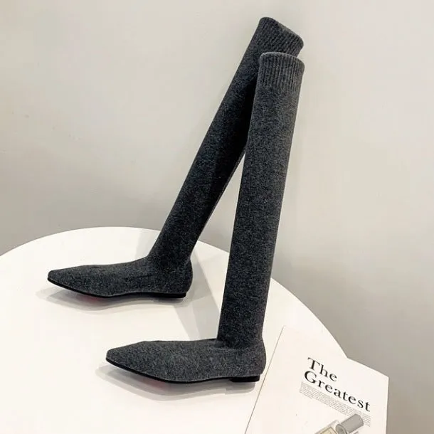 Elastic Over Knee Flat Bottomed Pointed Knitted Boots