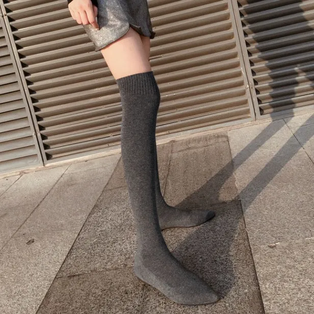 Elastic Over Knee Flat Bottomed Pointed Knitted Boots