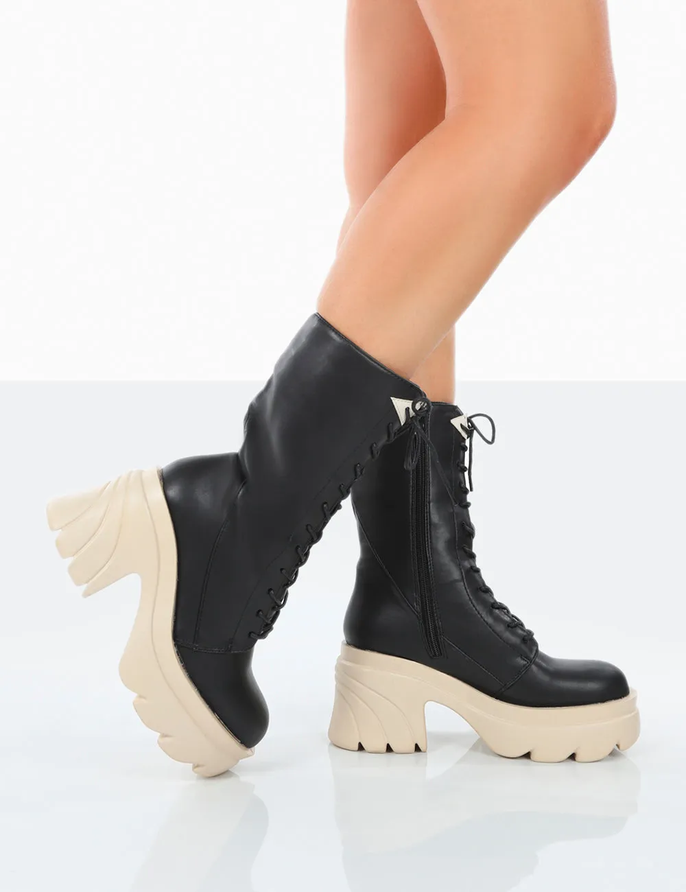 Ever Black Beige Laced Chunky Sole Ankle Boots