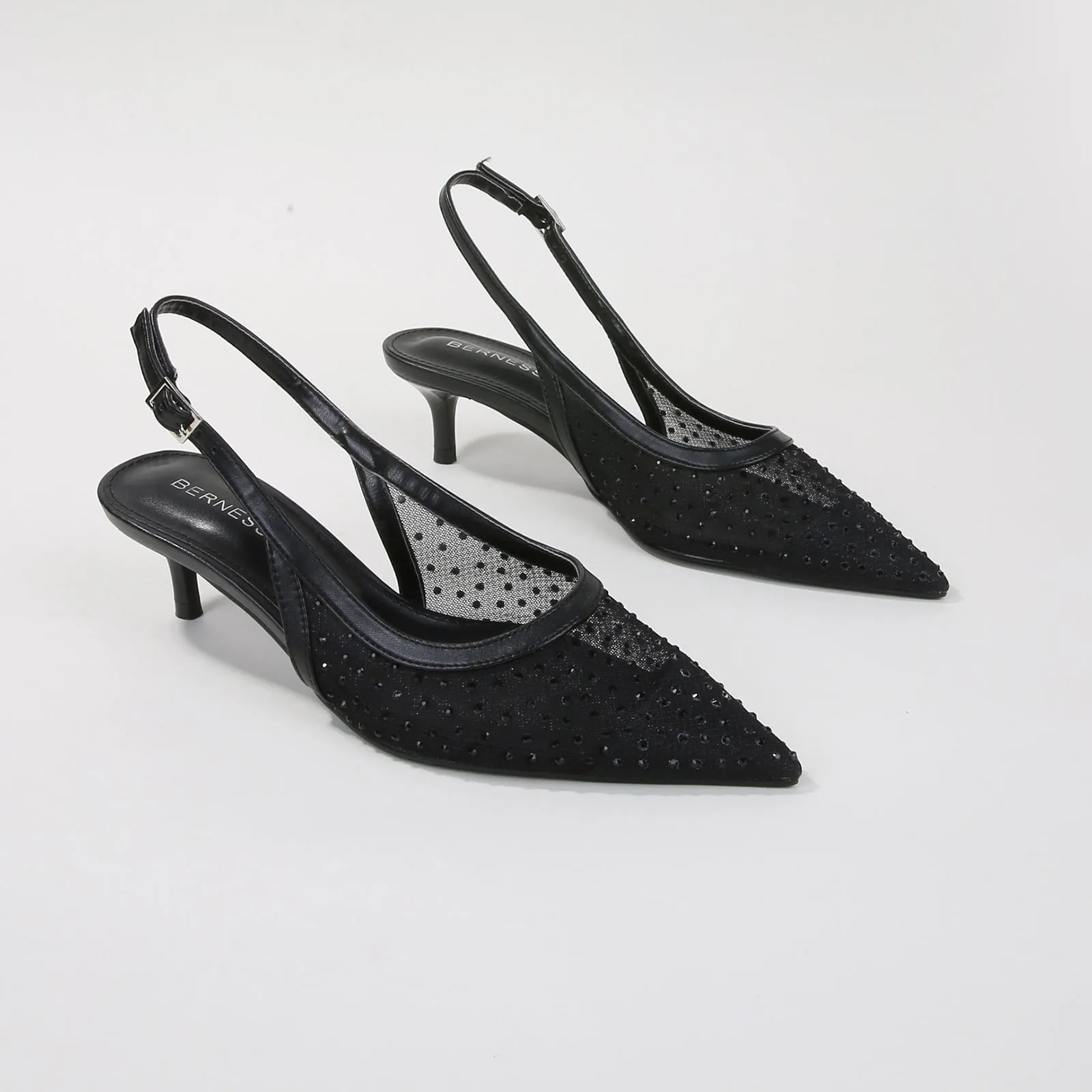 Frida Mesh Rhinestone Slingback Kitten Heels