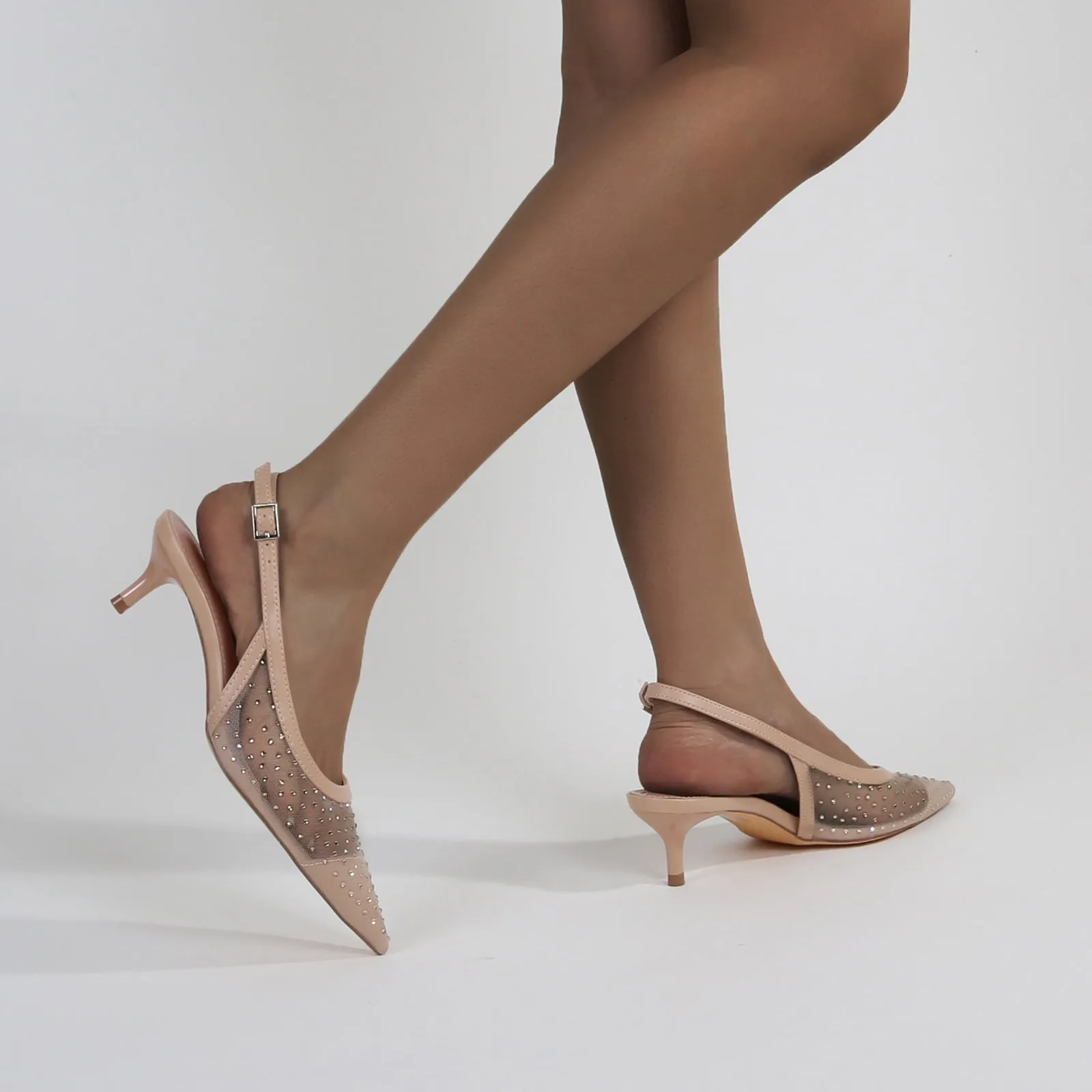 Frida Mesh Rhinestone Slingback Kitten Heels