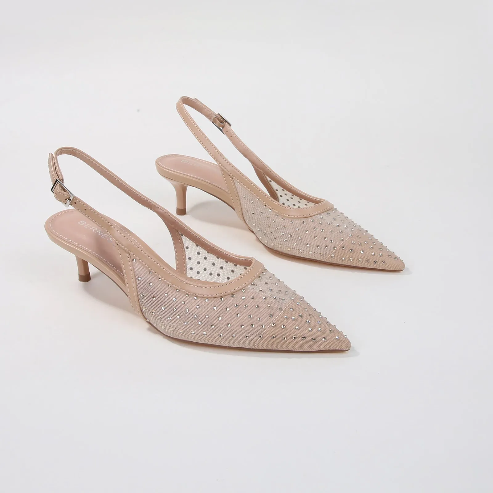 Frida Mesh Rhinestone Slingback Kitten Heels