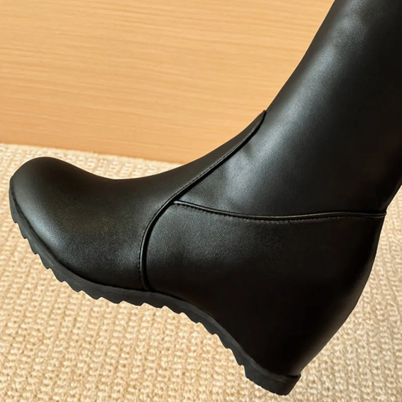 Fuzzy trim plush lining thigh boots with wedge heels