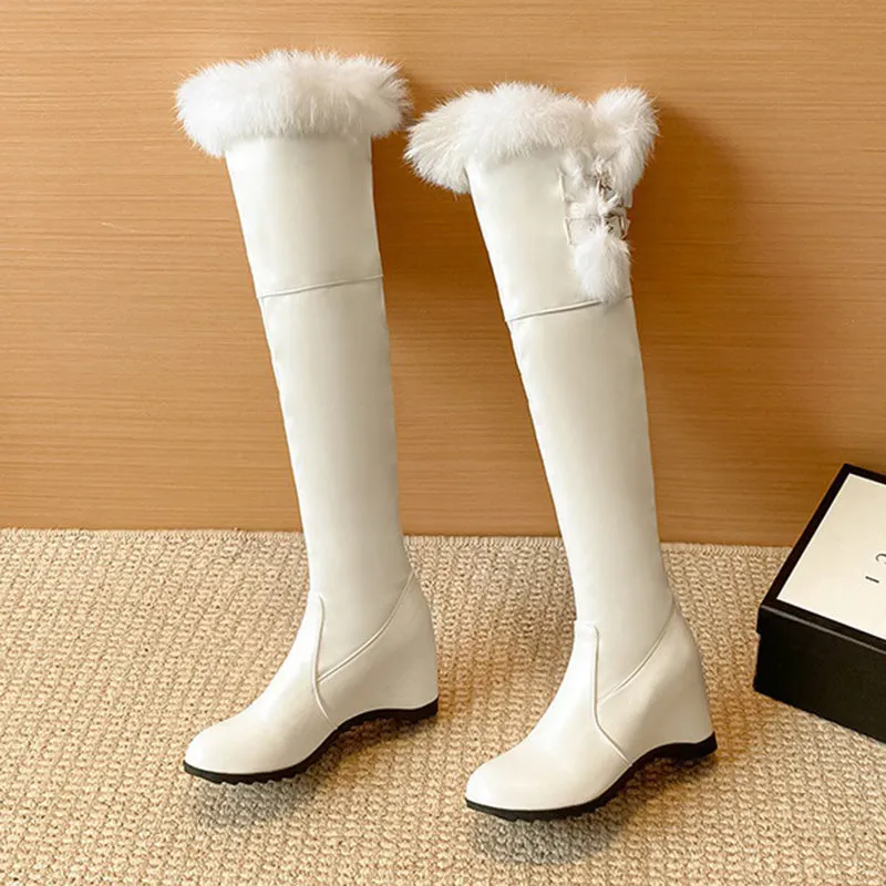 Fuzzy trim plush lining thigh boots with wedge heels