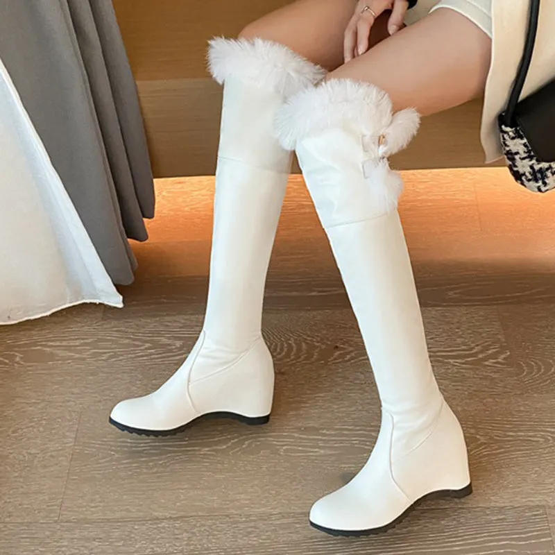 Fuzzy trim plush lining thigh boots with wedge heels