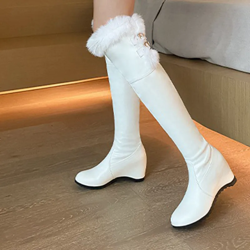 Fuzzy trim plush lining thigh boots with wedge heels