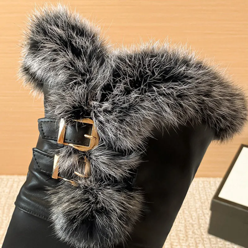Fuzzy trim plush lining thigh boots with wedge heels