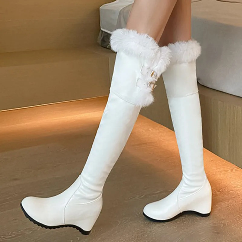 Fuzzy trim plush lining thigh boots with wedge heels