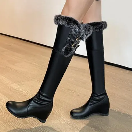 Fuzzy trim plush lining thigh boots with wedge heels