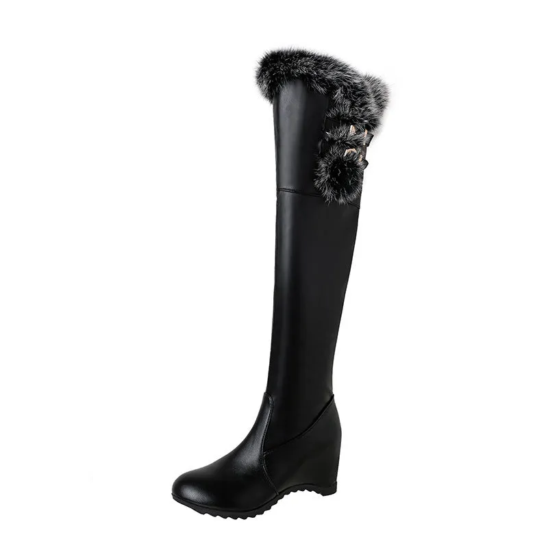 Fuzzy trim plush lining thigh boots with wedge heels