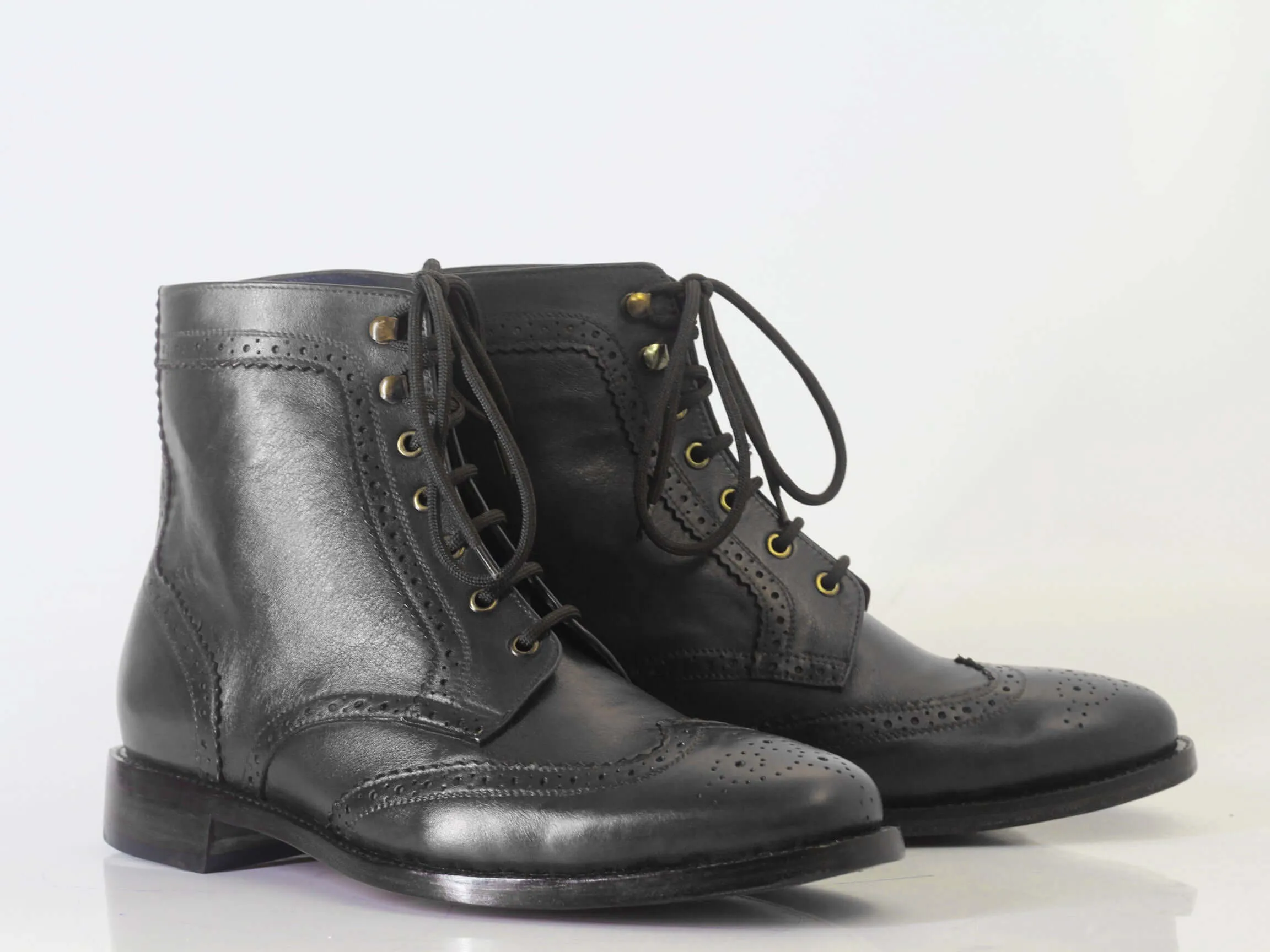 Handmade Men's Ankle High Black Leather Boots, Men Wing Tip Brogue Fashion Boots