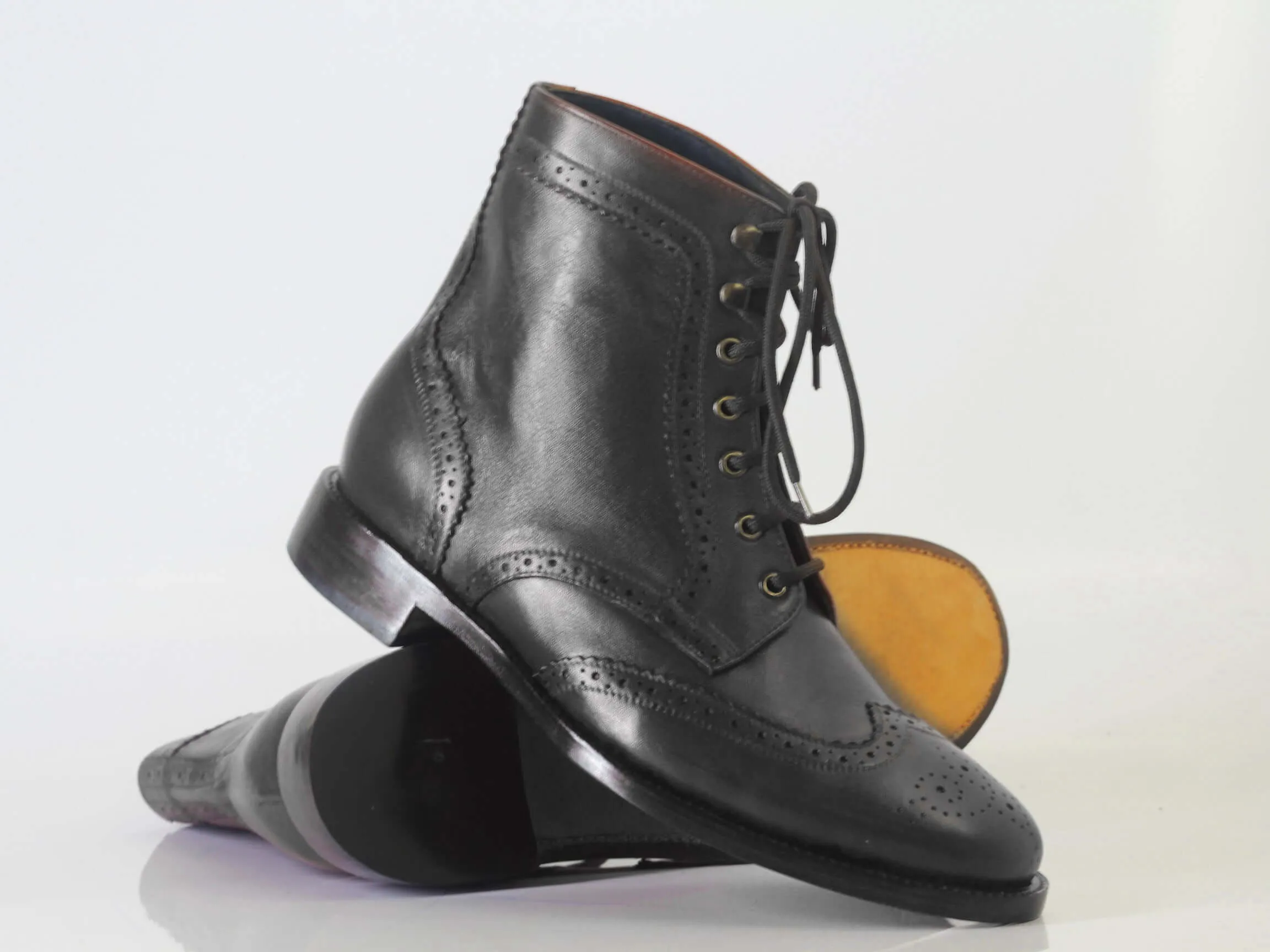 Handmade Men's Ankle High Black Leather Boots, Men Wing Tip Brogue Fashion Boots