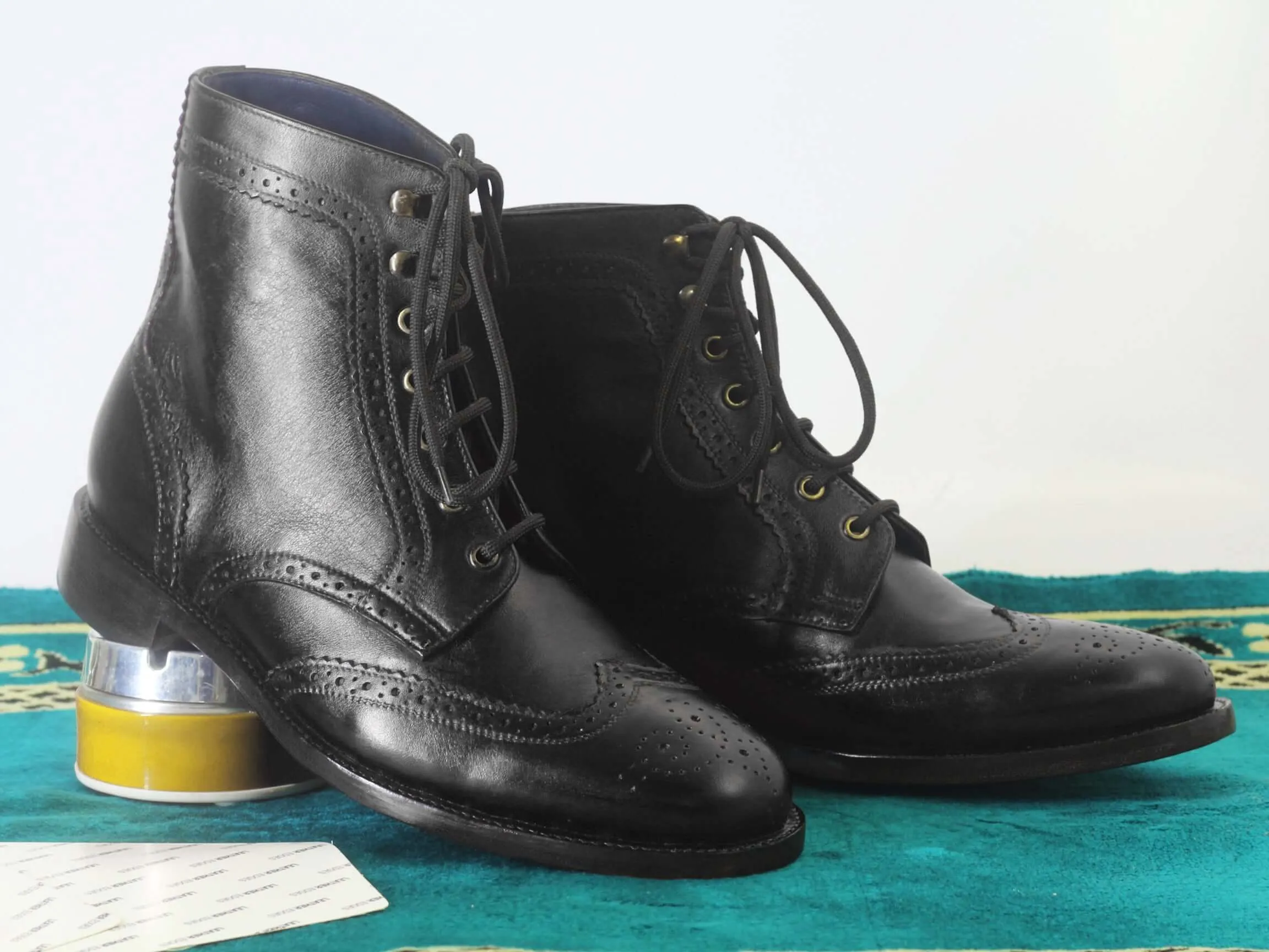 Handmade Men's Ankle High Black Leather Boots, Men Wing Tip Brogue Fashion Boots