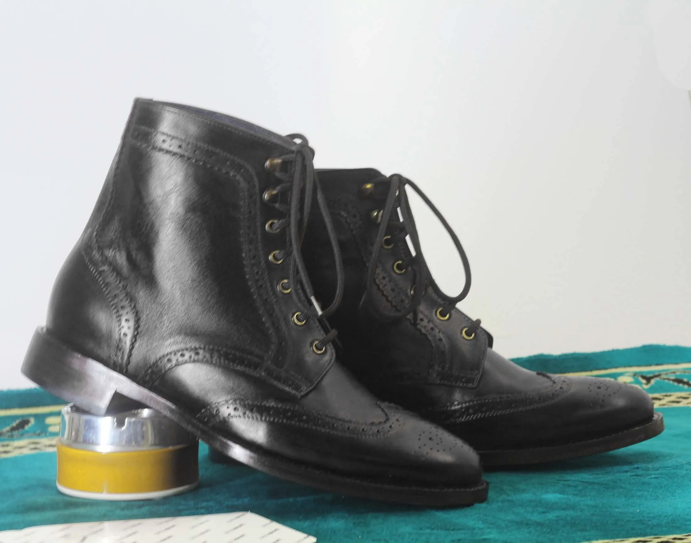 Handmade Men's Ankle High Black Leather Boots, Men Wing Tip Brogue Fashion Boots
