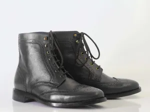 Handmade Men's Ankle High Black Leather Boots, Men Wing Tip Brogue Fashion Boots