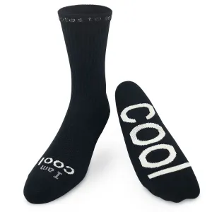 I am cool® black crew socks with white words