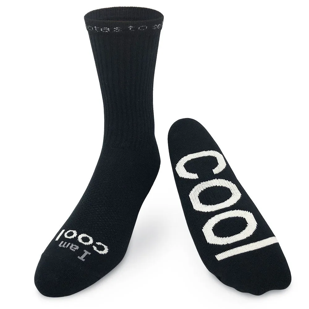 I am cool® black crew socks with white words