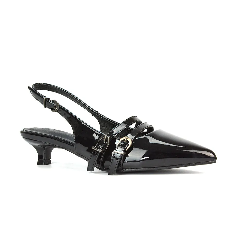 Kaden Kitten Heel Slingback Pointed Toe Buckle Strappy Court Heels in Silver Metallic