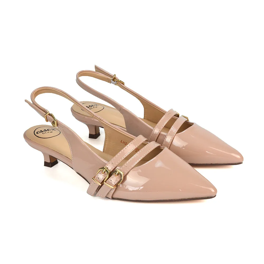 Kaden Kitten Heel Slingback Pointed Toe Buckle Strappy Court Heels in Silver Metallic